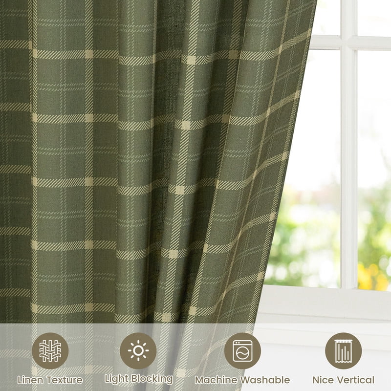NICETOWN Green Linen Plaid Curtains for Living Room, Check Tartan Light Filtering Privacy Semi Sheer Linen Curtains Rod Pocket Back Tab Farmhouse Country Style Drapes, 52"x96", 1 Pair
