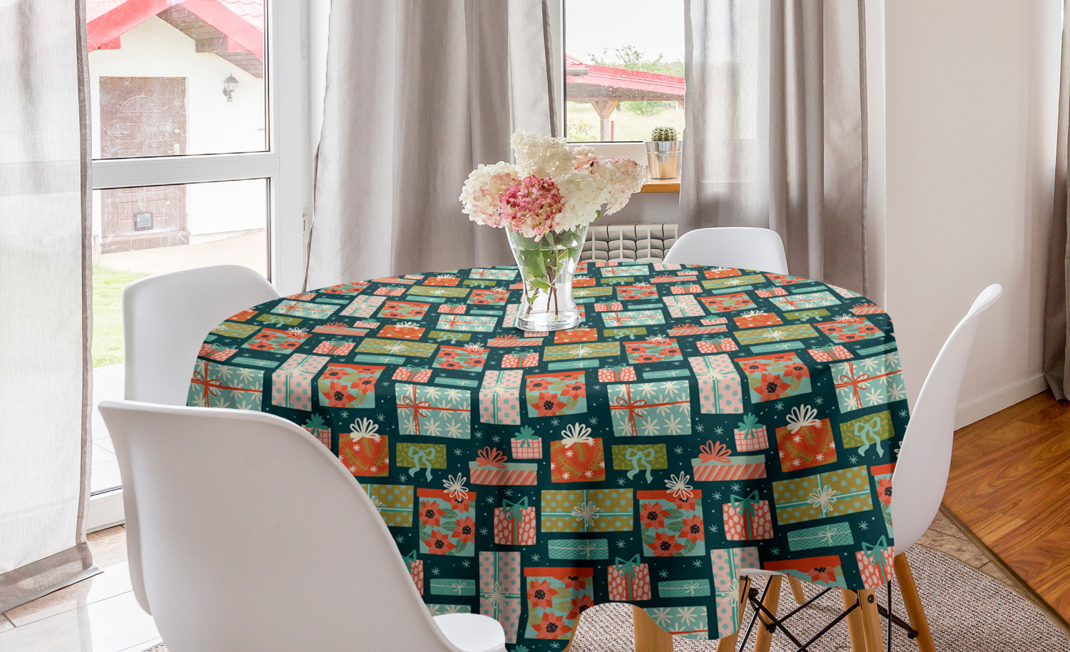 Christmas Round Tablecloth, Colorful Illustration of Holiday Present