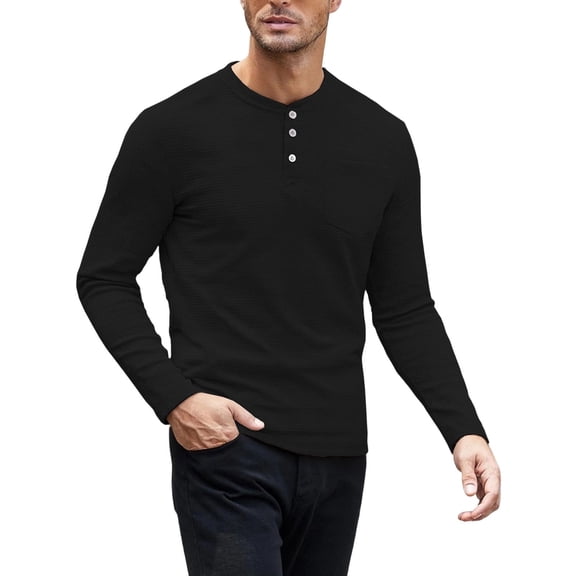 Kosheko Men's Slim Daily Long-Sleeve Top Waffle-Knit Henley Collar Three-Button Placket Single Pocket for Suburban Day Trips Black S
