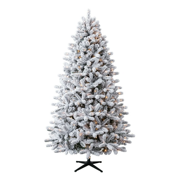 7.5' Pre-Lit Birchwood Fir Green Flocked Artificial Christmas Tree with Warm White Twinkle LED Lights and Quick Set, by Holiday Time