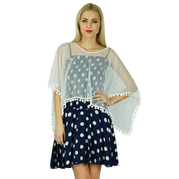 Bimba Women Short Dress Smocked Top With Net Poncho Chic Retro Style Clothing