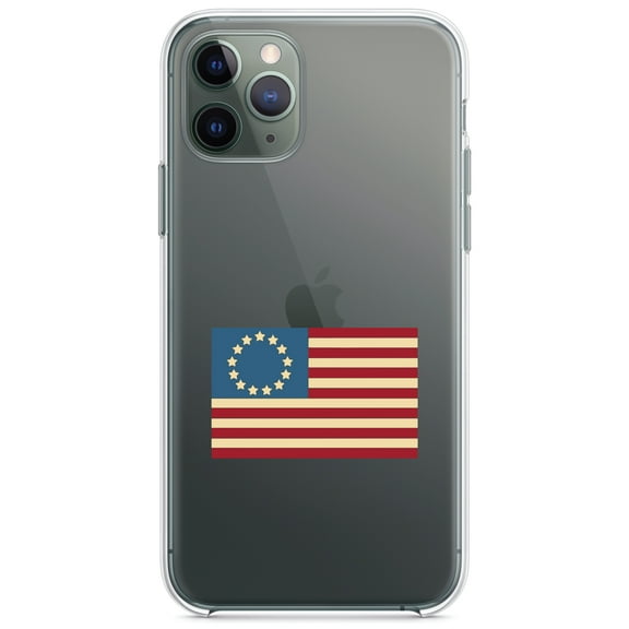 DistinctInk Clear Shockproof Hybrid Case for iPhone 11 (6.1" Screen) - TPU Bumper Acrylic Back Tempered Glass Screen Protector - USA Colonial Flag Red White & Blue