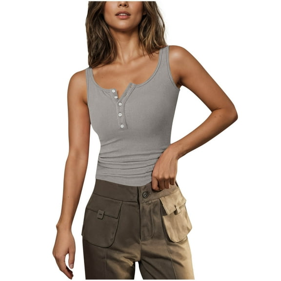 Womens 2026 Summer Tank Tops Ribbed Knit Slim Fit Sleeveless Henley Shirts Casual Basic Button Up Blouse