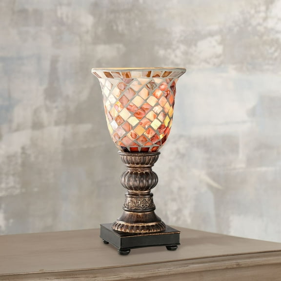 Regency Hill Traditional Uplight Accent Table Lamp 12" High Bronze Brown Mosaic Ivory Glass Shade for Bedroom Bedside Nightstand House Home Office