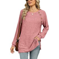 SWSMCLT Women's Soft Pullover Sweater Long Sleeve Work Boat Neck Tunic Top Button Split Crewneck Knit Fall Fashion Pink X-Large