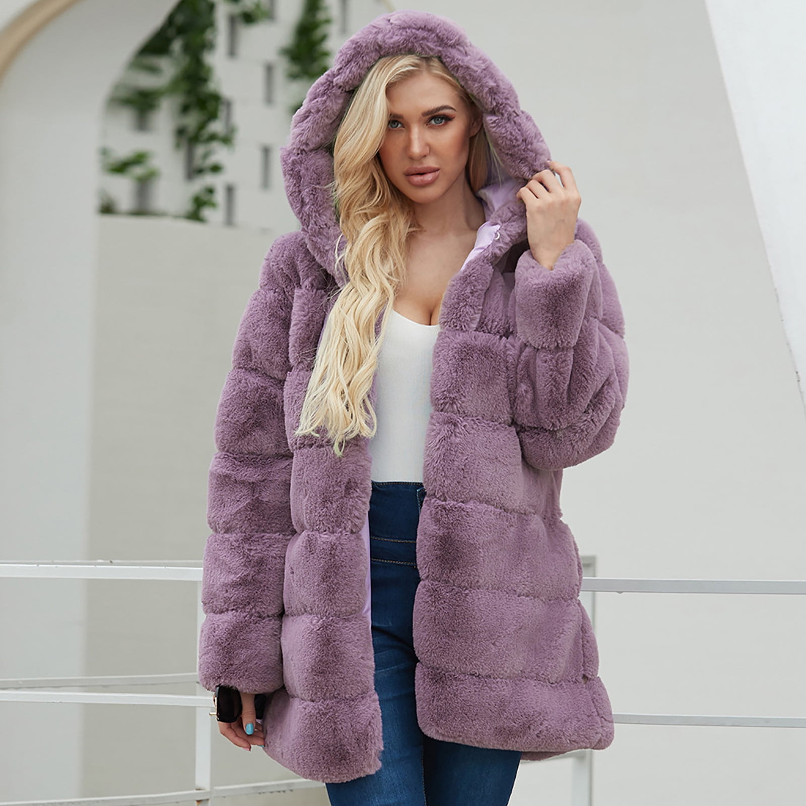 Womens Long Sleeve Winter Warm Lapel Fox Faux Fur Coat Jacket Overcoat Outwear with Pockets