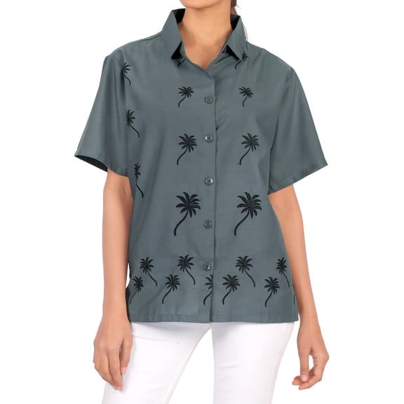 HAPPY BAY Women's Casual Hawaiian Blouse Shirt Solid Blouses Button Up Short Sleeve Dress Tops Tee Shirts Tank Top Women M plus-size Grey_X480