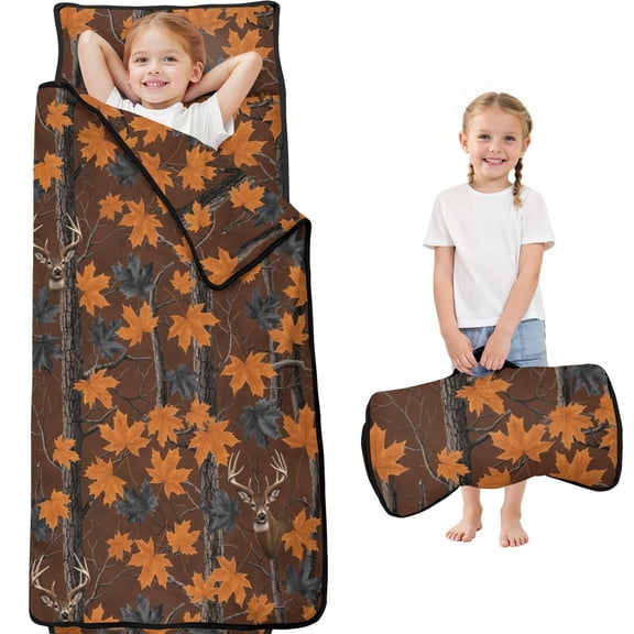 Camo and Deer Brown Pattern Teens Toddler Nap Mat with Pillow, Sleeping Mat Bag for Preschool Daycare 59"x22"