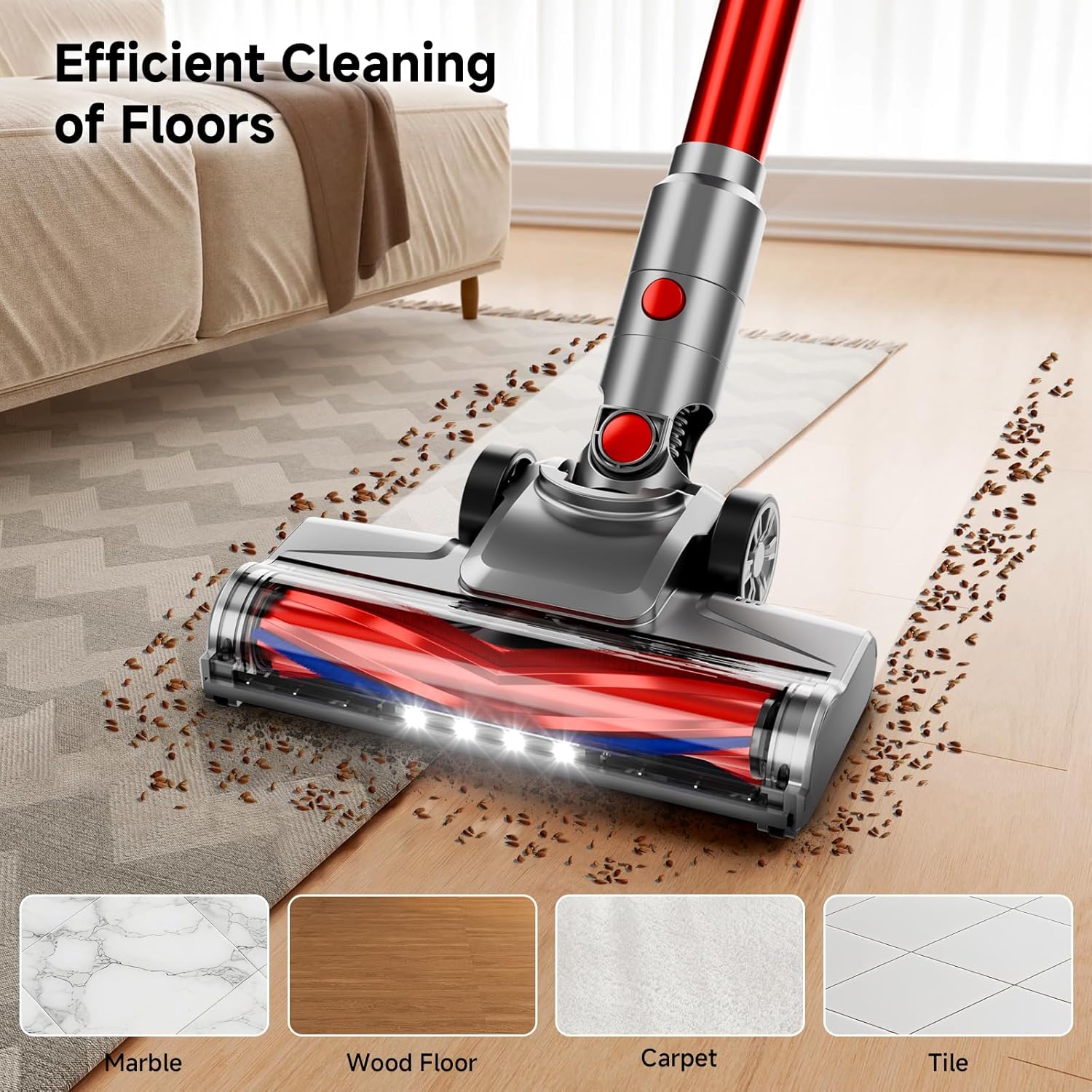 BSNAW Cordless Vacuum Cleaner, 8-in-1 Lightweight Self-Standing Stick Vacuums, Max 45Mins Runtime, Anti-Tangle Stick Vacuum Cleaner for Hard Floor, Carpet, Pet Hair, Red