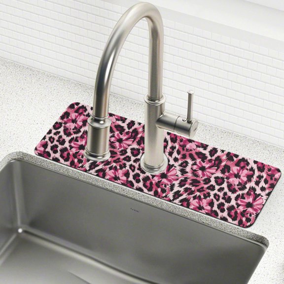 Yayeee Faucet Mat for Kitchen Sink 14.7" Diatomite Long Splash Guard Pad, Pink Floral Leopard Pattern