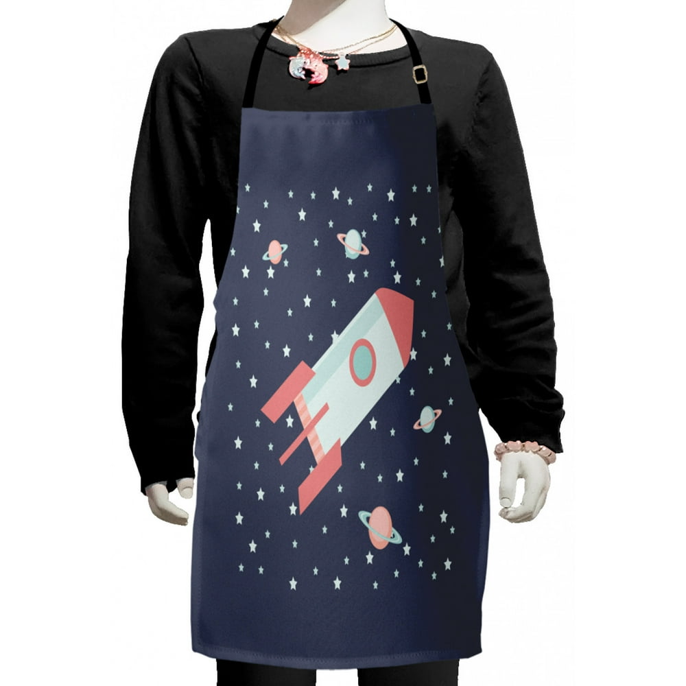 Outer Space Kids Apron, Galaxy Themed Cartoon with Rocket Stars and