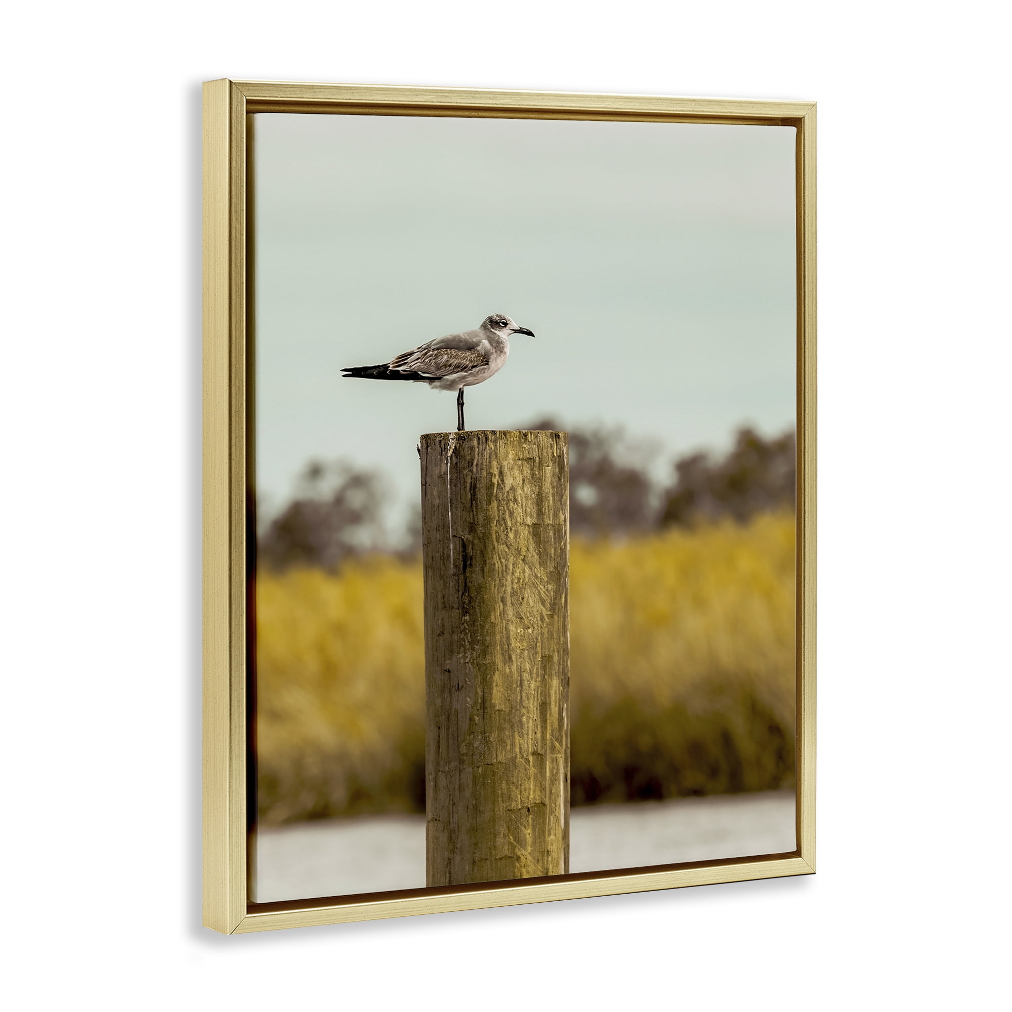 Stupell Industries Gull On Piling Gold Framed Floater Canvas Wall Art, design by Christy Berry