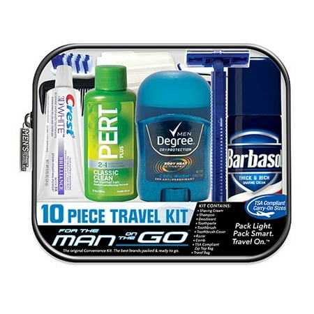 Convenience Kits International Men's Deluxe 10 Piece Travel Kit, TSA Compliant, in Reusable Clear Zippered Bag Featuring: Barbasol Shave