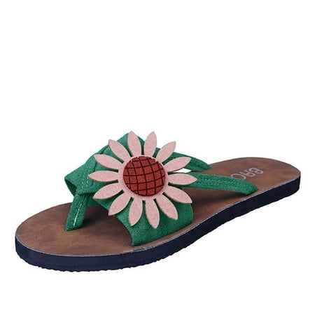 

ZTTD Women s Casual Fashion Flip Flops Suede Flower Flip Toe Flat Beach Shoes Green