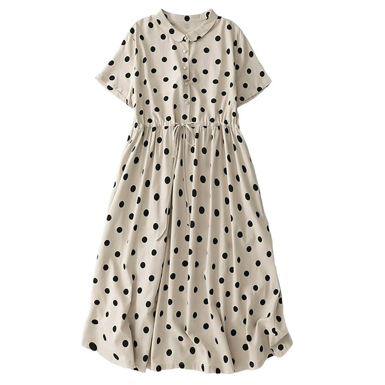 XWSHYW Womens Summer Dress Cotton and Linen Polka Dots V-Neck Mid-Length Dress Quick Dry Slim Fit Short Sleeve Ruffle Flowy Beach Dress, Women's, Size