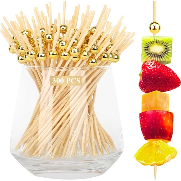 100PCS Cocktail Picks, Fancy Toothpicks for Appetizers Drinks Food Fruit, 4.7 IN Long Decorative Bamboo Skewers, Gold Pearl Wooden Garnish Sticks for Charcuterie Boards Accessories Party Supplies