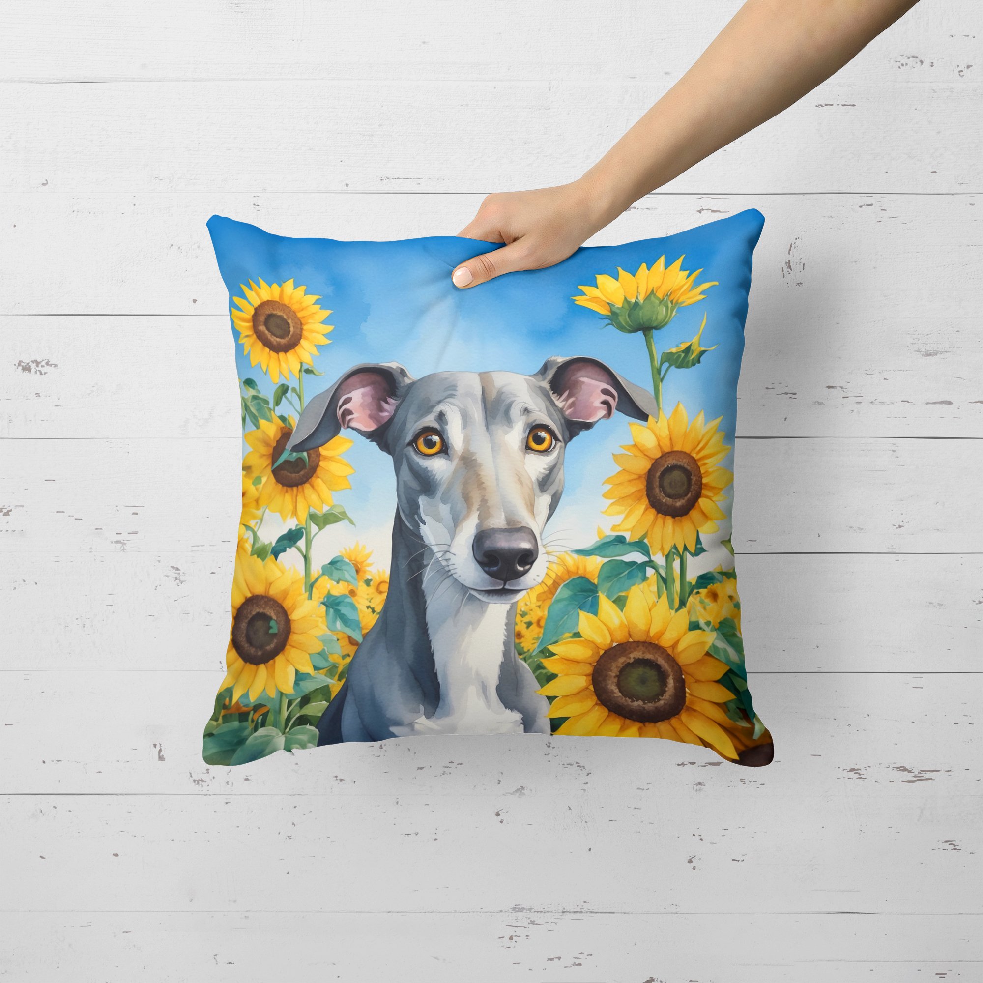 Greyhound in Sunflowers Throw Pillow 18 in x 18 in