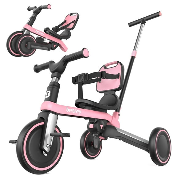 Besrey 5-in-1 Toddler Tricycle for 1-3 Years Old Boys and Girls,Kids Trike with Push Handle and Backrest,Child Bike,Pink