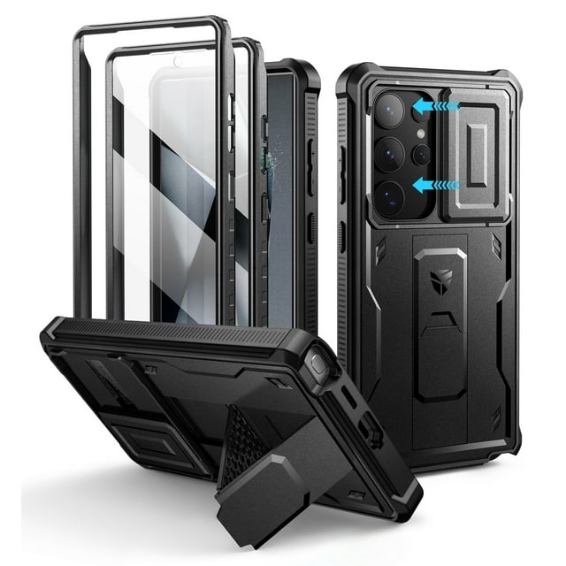 Dexnor for Samsung Galaxy S24 Ultra Case with Built-in Slide Camera Cover & Screen Protector & Kickstand, Shockproof Rugged Case Full-Body Bumper Protective Cover for Galaxy S24 Ultra 2024, Black
