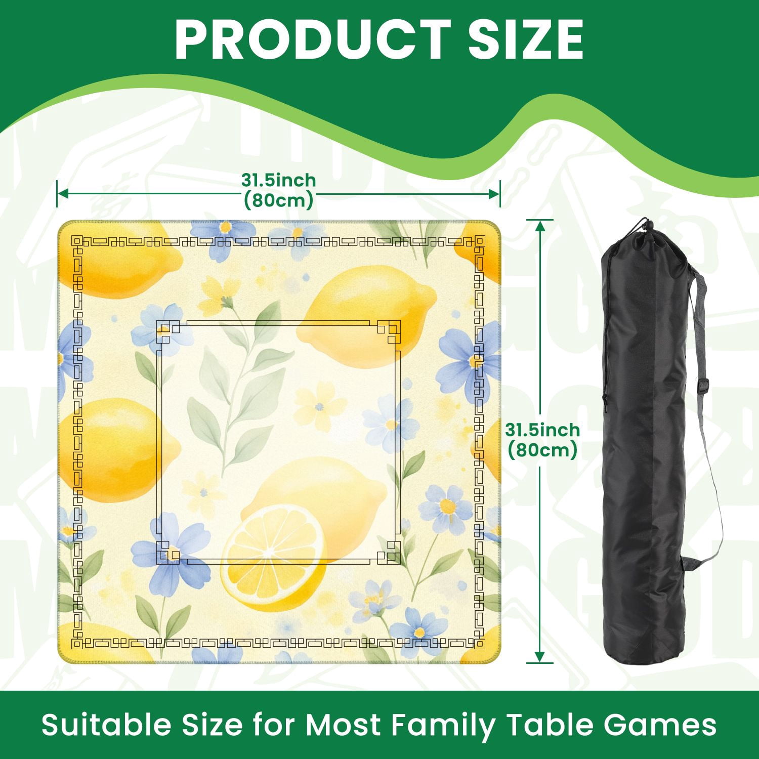 Mahjong Mat 31.5" x 31.5" Lemon Floral Yellow Blue Watercolor Non-Slip Noise Reduction American Mahjong Tiles Table Cover for Dominoes Poker Card Board Games Gift