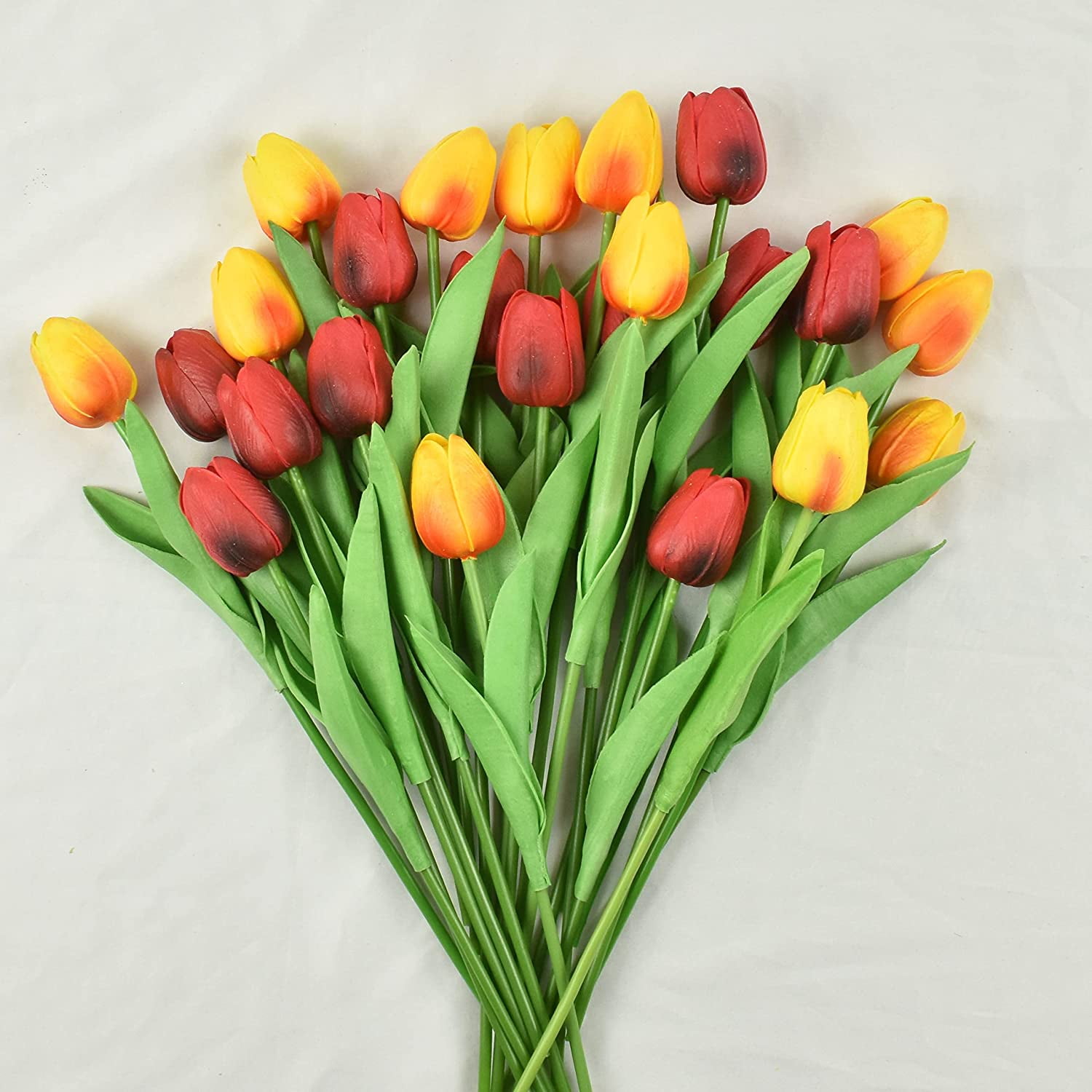 Morttic 24pcs Artificial Tulips Flowers Fake Faux PU Tulip Bouquet Real Touch Flowers Table Arrangement for Home Room Office Party Wedding Decoration (Red and Orange)