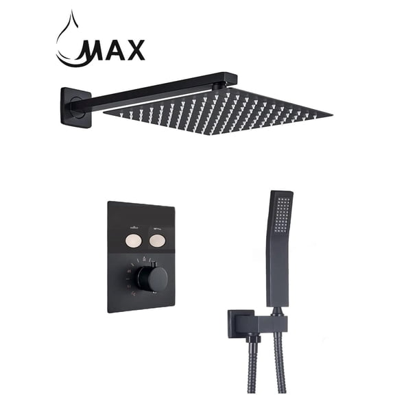 MAX Faucets Thermostatic Shower System Two Functions With Valve Matte Black Finish Square Design