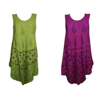 Mogul Womens 2pc Tank Dress Block Print Sleeveless Cover Up Beach Wear Summer Style Rayon Comfy Flare Sundress M