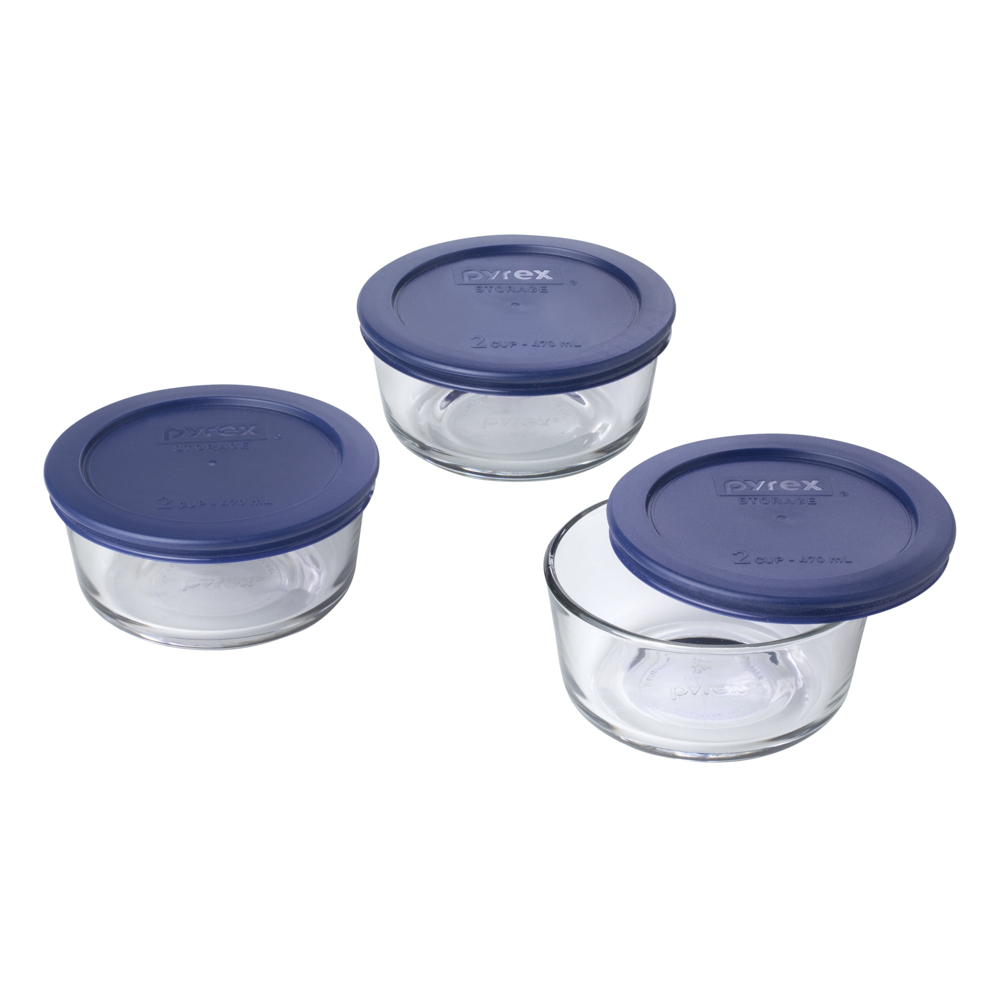 Pyrex Storage 2-Cup Round Dish, Clear with Blue Lid Case of 6