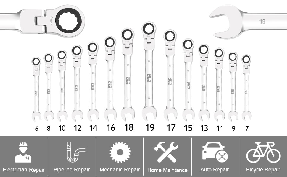 PRO 14-Piece Flex-Head Ratcheting Wrench Set, 6-19cm Metric Chrome Vanadium Steel Ratchet Wrenches, Combination Ended Spanner Kit with Storage Case