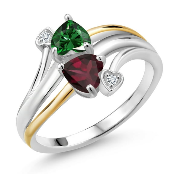 Gem Stone King 925 Silver and 10K Yellow Gold Green Nano Emerald Red Rhodolite Garnet 2 Heart Promise Couple Engagement Mother Lab Grown Diamond Ring (1.07 Cttw, Gemstone Birthstone, Size 7)