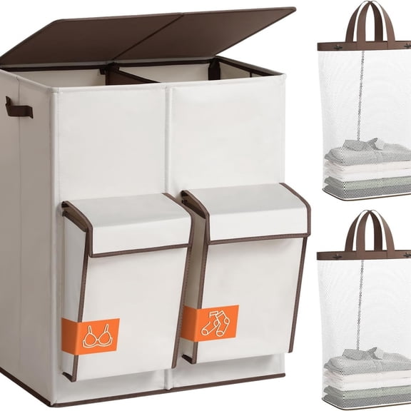 Double Laundry Hamper with Lid, 47.8 Gal (180L) Large Laundr Basket 2 Section with 2 Side Pockets, Dirty Clothes Hamper with Removable Bag, Easy to Carry for Laundry Room, Bedroom, Beige