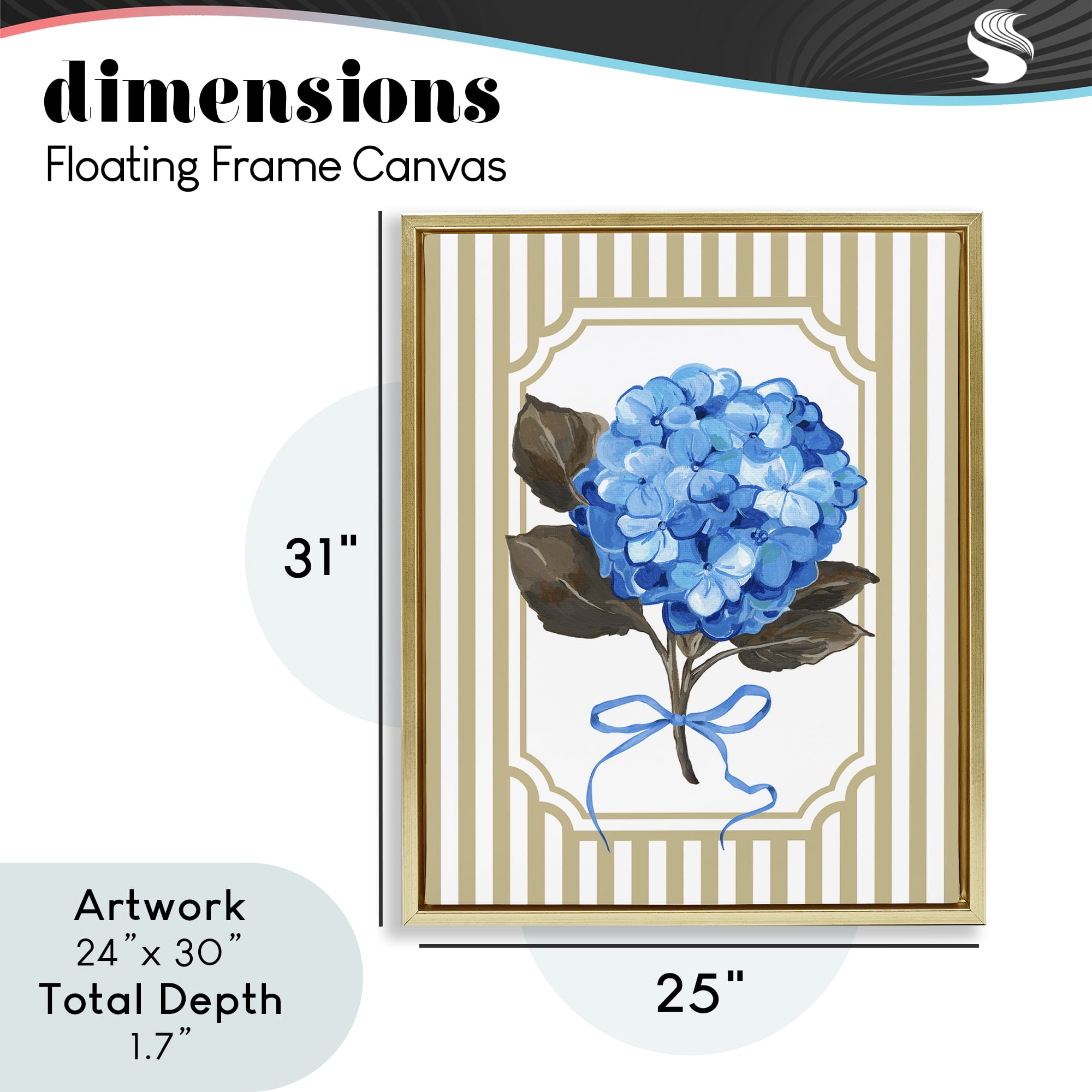 Hydrangea Bundle with Bow Gold Framed Floater Canvas Wall Art, design by Adonna Ebrahimi