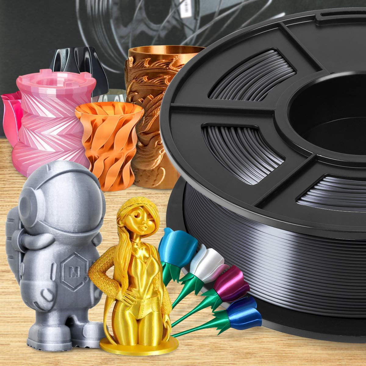 SUNLU Silk PLA Filament 1.75mm, Neatly Wound Shiny PLA 3D Printer Filament, Dimensional Accuracy +/- 0.02mm, Fit Most FDM 3D Printers, Good Vacuum Packaging, 330 Meters, Silky Black 3KG