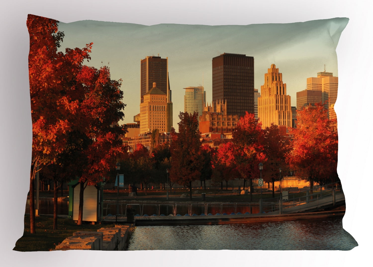 City Pillow Sham Old Port of Montreal Early in the Morning Scenic Autumn Trees Buildings Canada