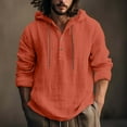 thumbnail image 2 of BLVB Mens Cotton Linen Hooded Sweatshirts Button Drawstring Long Sleeve Tops Casual Loose Comfy Fall Spring Blouse Orange, 2 of 6
