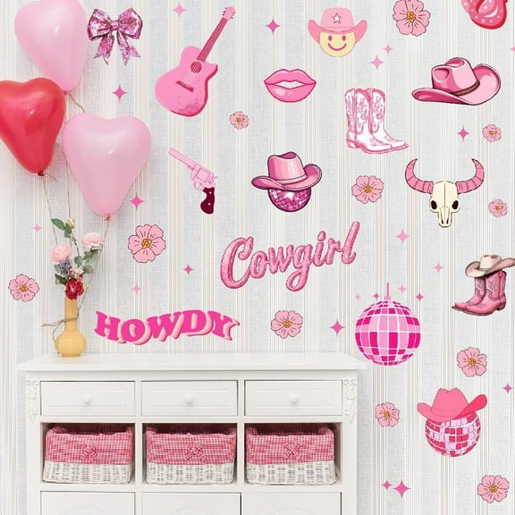 Pink Cowgirl Howdy Wall Decals Boots and Hat Wall Stickers Preppy Western Girls Art Murals Peel and Stick Adhesive Sticker for Teen Room Bedroom Dormitory Decor Colorful