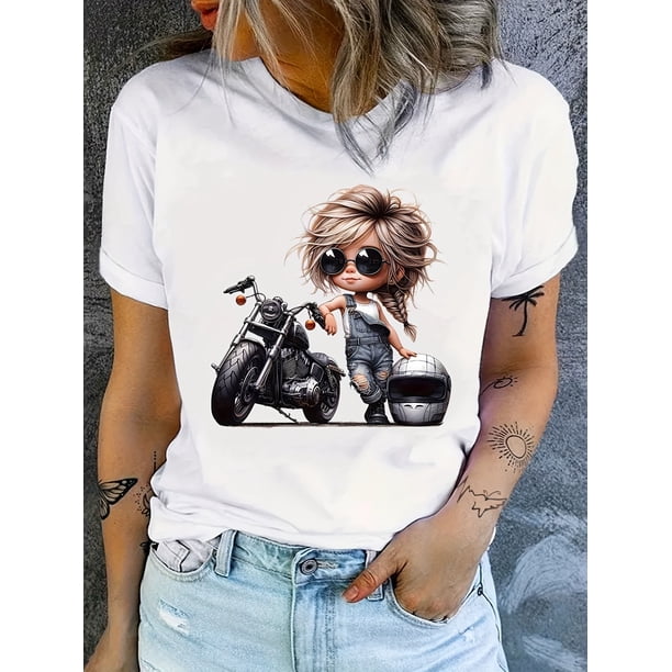 Women's Casual Crew Neck T-Shirt with Cartoon Motorcycle Graphic, Cotton 100% Knit Fabric, Short Sleeve Summer & Spring Top, All-Season Fashion Clothing, Everyday Tshirt | Crew Neck Shirt | Glossy Fi