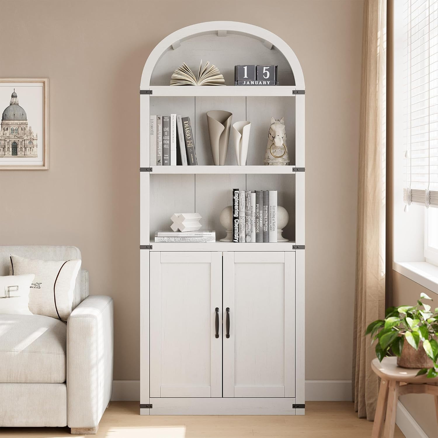 Accreate Bookcase with Doors Arched Bookshelf 71.65in Tall Bookcase Farmhouse Cabinet with Shelves Wooden Bookshelves for Home office, Living Room