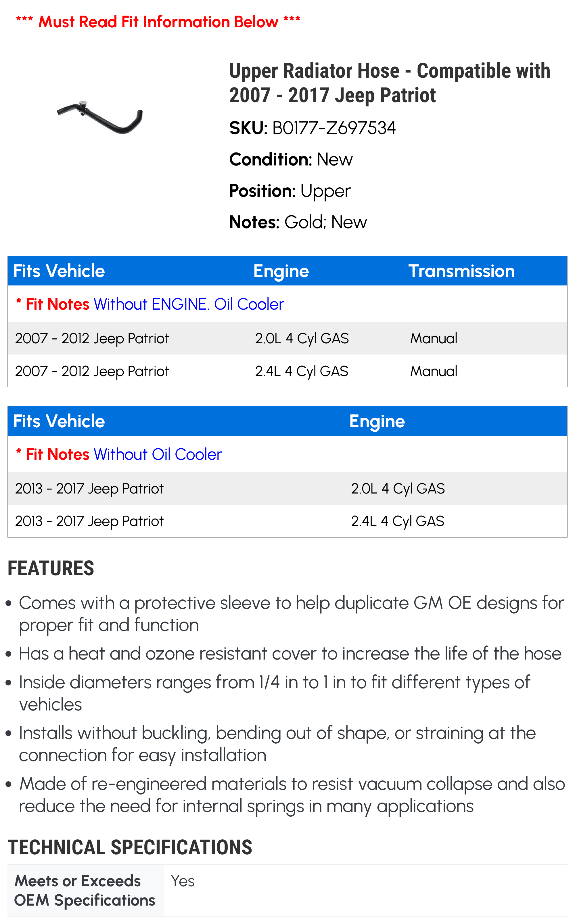Upper Radiator Hose - Compatible with 2007 - 2017 Jeep Patriot - AC Delco