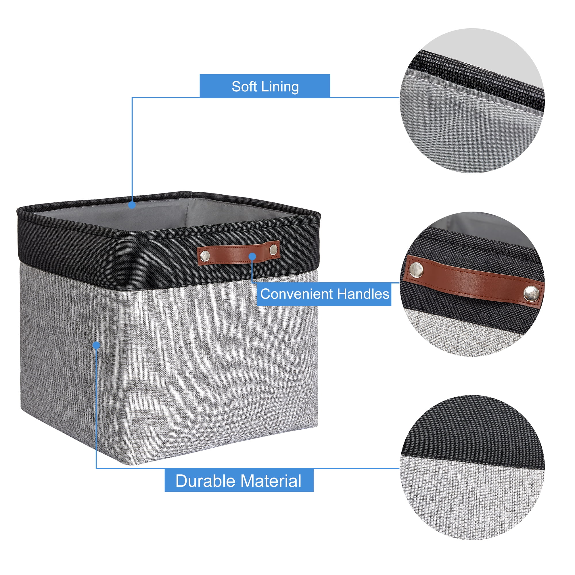 Tegance 13x13 Storage Cubes Baskets 4 Pack Fabric Cube Storage Bins Large Storage Baskets with Leather Handles,Decorative Storage Boxes for Organizing Shelves(BlackGrey)