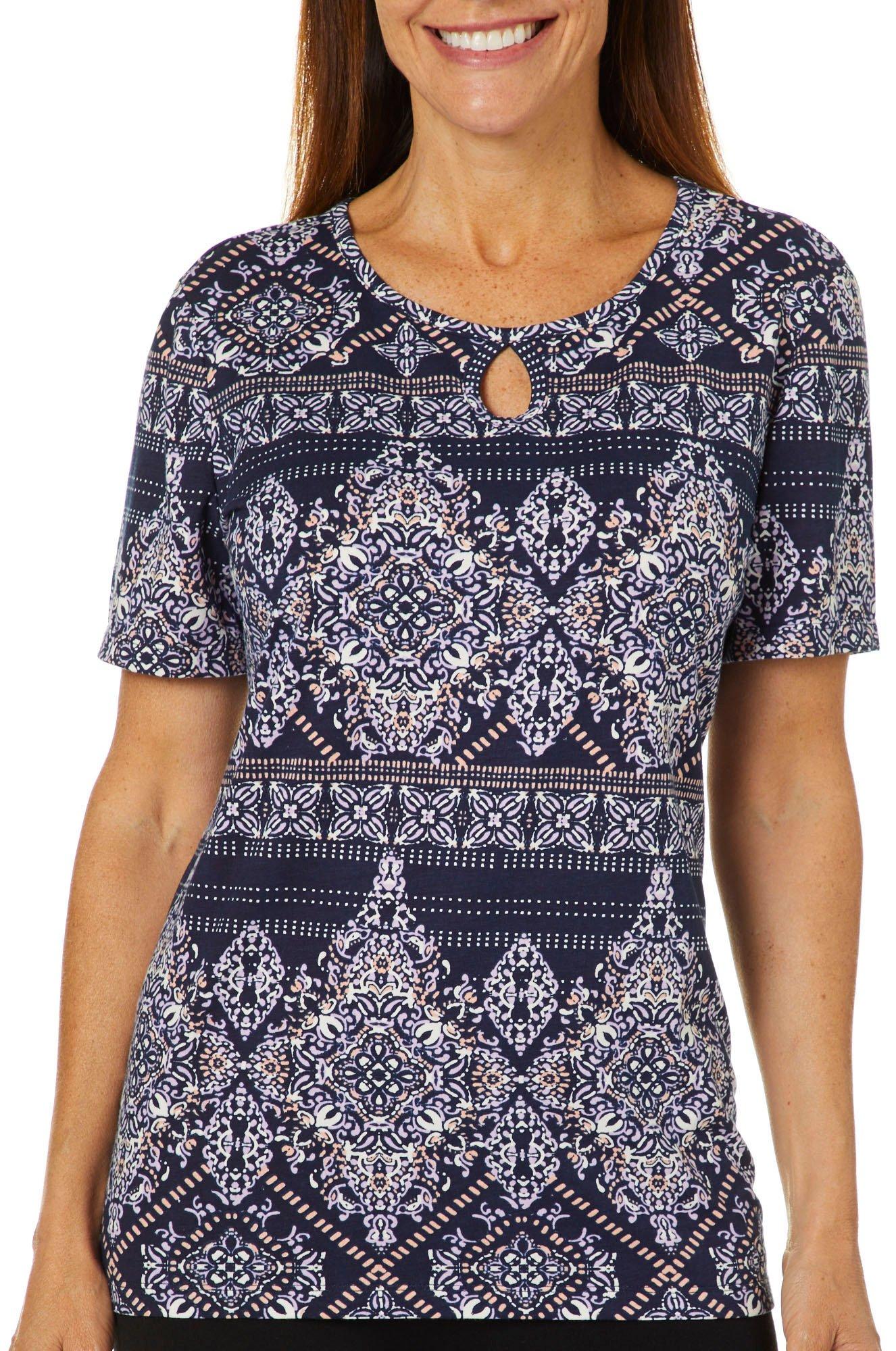 Coral Bay Coral Bay Womens Geometric Biadere Print Keyhole Top