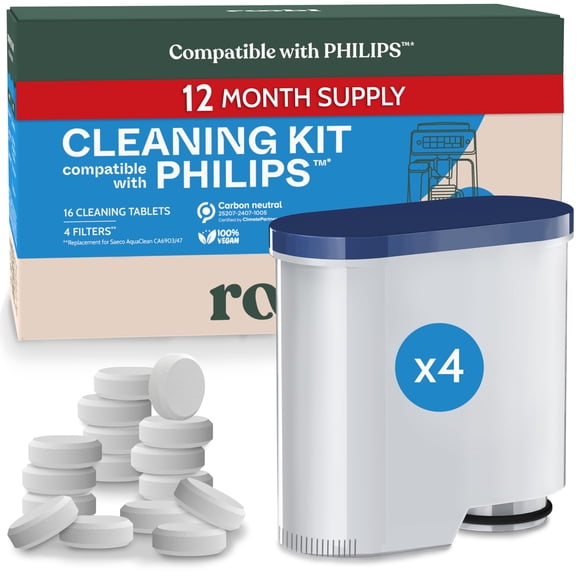 Solución descalcificadora y limpiador compatible con Roobi Philips. Especialmente formulado para máquinas de café expreso Philips. Kit descalcificador neutro en carbono. 2 usos por botella, paquete de
