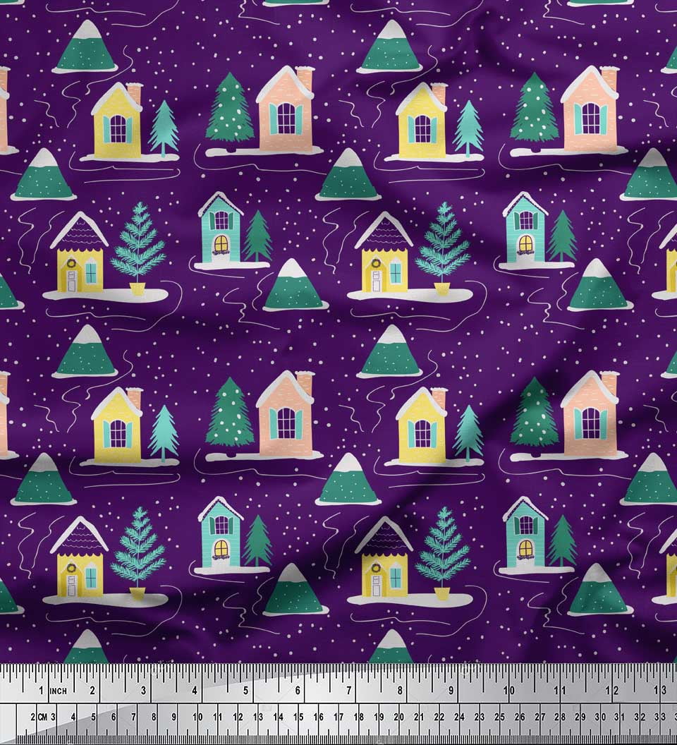 Soimoi Purple Cotton Voile Fabric Christmas Tree & House Nature Fabric Prints By Yard 42 Inch Wide