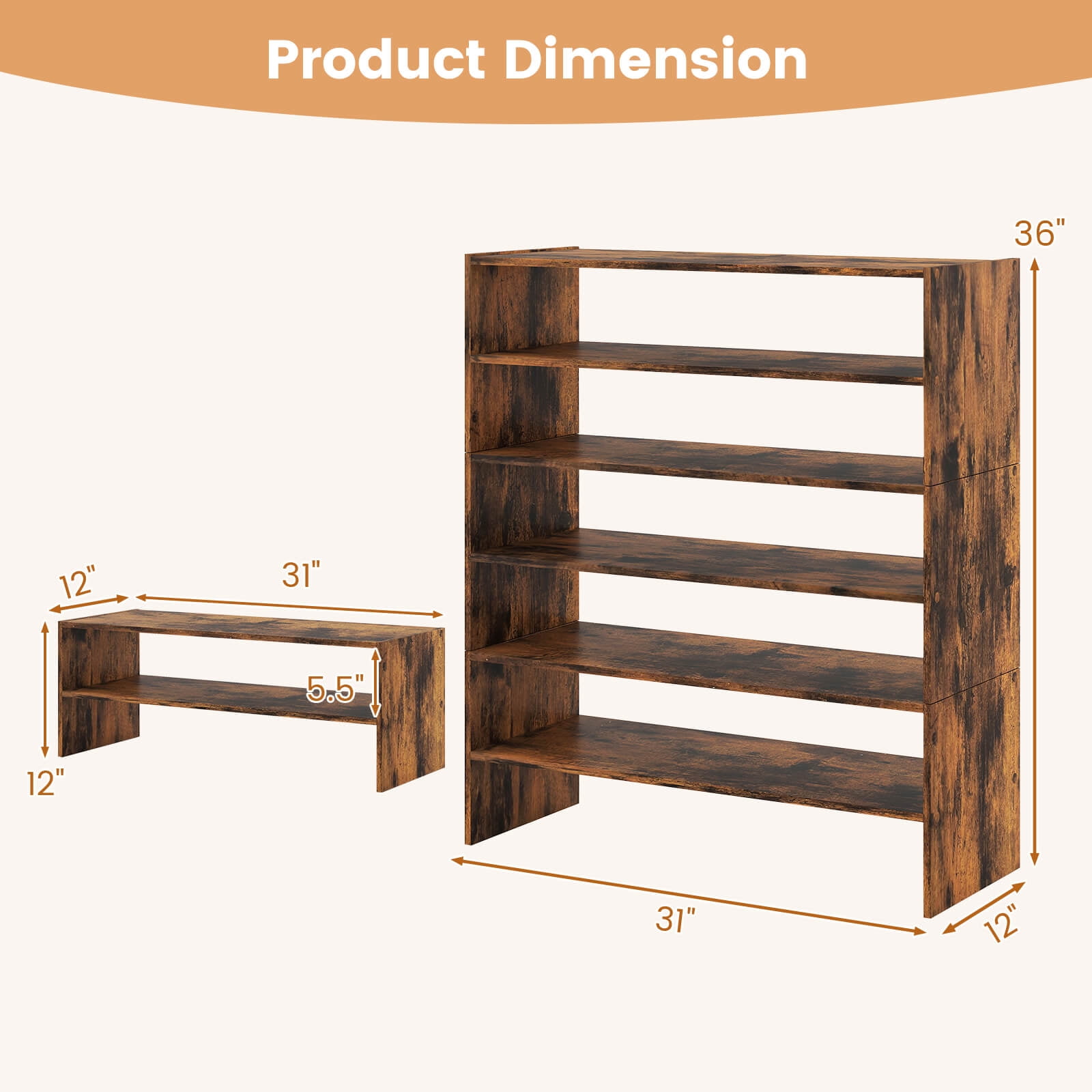 Costway 3 PCS Stackable Shoe Rack 31-Inch Horizontal Organizer 2-tier StorageShelf Brown
