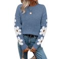 thumbnail image 4 of Women'S Floral Pattern Crewneck Long Sleeve Drop Shoulder Sweaters Pullover Tops Blue S, 4 of 9