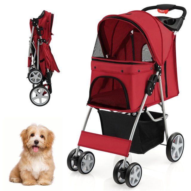 Gymax 4 Wheel Pet Stroller w/ Storage Basket & Tray Adjustable Canopy Pets Burgundy