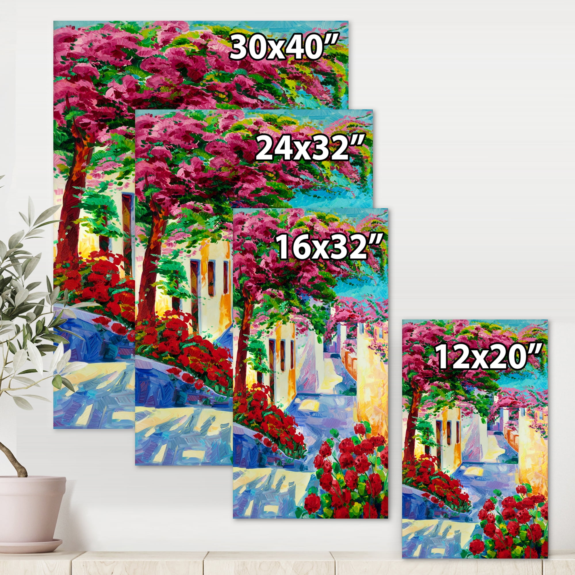 Designart ' Colorful Traditional Santorini Houses Among Flowers ' Nautical & Coastal Canvas Wall Art Print