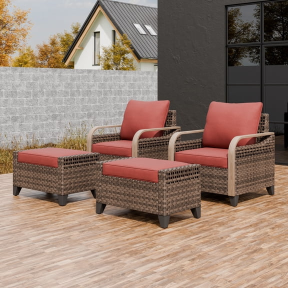 EAGLE PEAK 4-Piece Wicker Outdoor Patio Dining Set with Ottomans and Cushions, Brown/Red