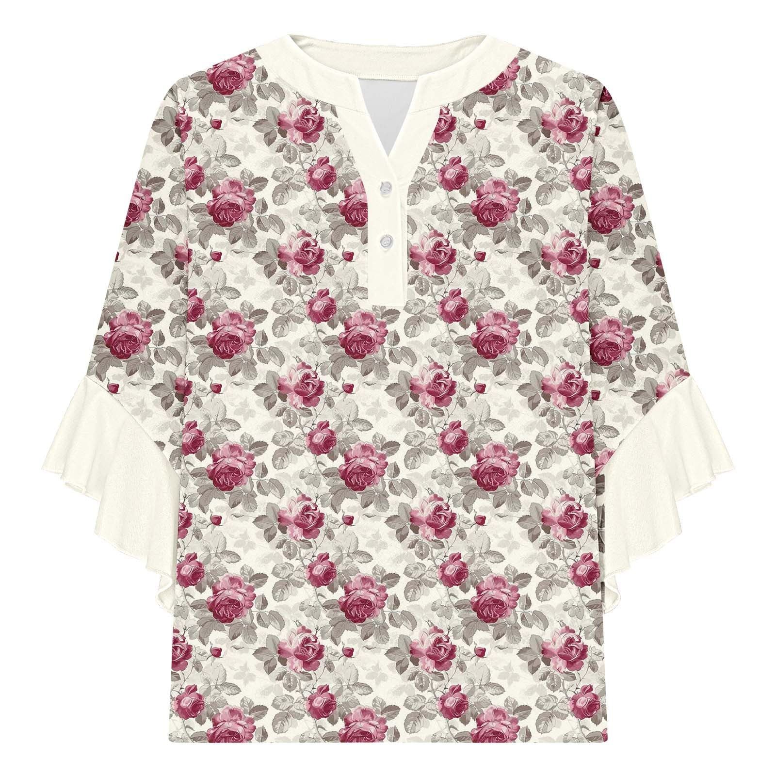 Women Boho Floral Print Blouses with 3/4 Flowy Ruffle Sleeves V Neck Half Button Down Shirt for Summer Beach Vacations