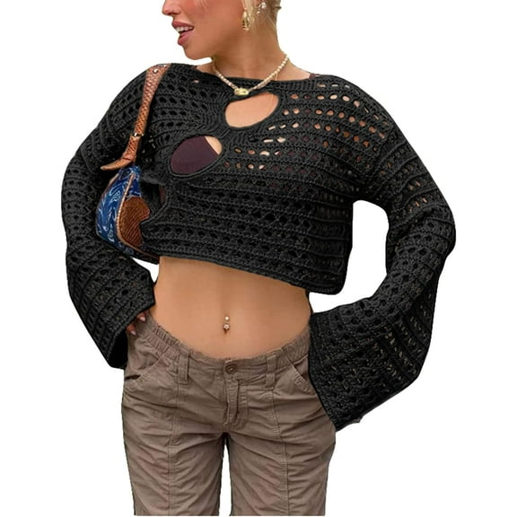 CoCopeaunt Women Y2K Crochet Crop Top Cover Up Shrugs Sweaters See Through Top Boho Fairy Grunge Cropped Smock Tops Casual Clothing